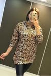 Leopar Desenli Kapşonlu Yan Fermuar Detaylı Sweat-Leopar