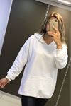 Kapşonlu Kanguru Cepli Sweat-Beyaz