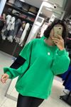 Kolları Cep Detaylı İçi Polar Renkli Sweatshirt-Yeşil