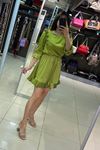 Eteği Ve Yakası Pile Volanlı Saten Elbise-Yağ Yeşili
