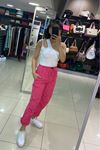 Paçası ve Beli Ayarlanabilir Lastikli Keten Salaş Pantolon-Pembe