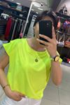 Omuzları Üç Pileli Yuvarlak Yaka Scuba Bluz-Neon Sarı