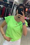 Omuzları Üç Pileli Yuvarlak Yaka Scuba Bluz-neon yeşil