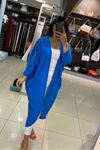 Omuz Ve Yakası Taş İşlemeli Salaş Kimono-Mavi