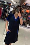 Yakası Kol Ve Ceplil Renkli Şerit Detaylı Penye Elbise-Mavi