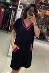 Yakası Kol Ve Ceplil Renkli Şerit Detaylı Penye Elbise-Pembe