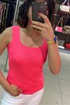 Kendinden Dama Desenli Kare Yaka Triko Atlet-Pembe