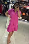 Polo Yaka Eteği Volanlı Düğmeli Mini Elbise-Pembe