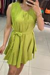 Sıfır Kol Kuşaklı Eteği Volanlı Mini Elbise-Yağ Yeşili