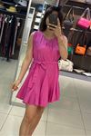 Sıfır Kol Kuşaklı Eteği Volanlı Mini Elbise-Pembe