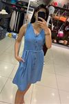 Sıfır Kol Ön Düğmeli Çan Kot Cepli Elbise-Mavi
