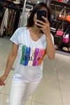 Renk Boya Ve Payet Detaylı T-shirt-Beyaz