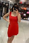 Kalın Askılı Kare Yaka Çan Elbise-Kırmızı