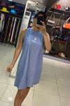 Kendinden Desenli Sıfır Kol Keten Elbise-Mavi