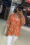 Dağınık Zebra Desenli Oversize Keten Gömlek-Turuncu