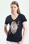 Leopar Saat Baskılı İnci Taş İşlemeli V yaka Tshirt-Siyah