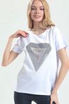 Üçgen Yazı Taş Ve İnci Baskılı Bisiklet Yaka Tshirt-Beyaz