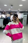 Polo Yaka Kalın Çizgili Triko Kazak-Pembe Beyaz