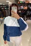 Üst Penye Alt Düğmeli Kot Sweatshirt-Beyaz