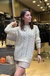 Örgü Model Bisiklet Yaka Varaklı Triko Kazak-Krem