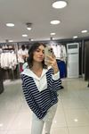 Çizgili Gömlek Yaka Sweat-Beyaz Mavi Çizgi