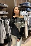 Kadife Deri Detaylı Sweatshirt-Siyah
