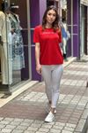 Yuvarlak Yaka Kendinden Taş Baskılı Triko Bluz-Kırmızı