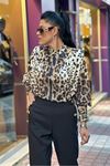Vatkalı Alt Lastik Detaylı Leopar Desen Bluz-Leopar