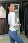 Merdiven Yaka Lazer Kesim Fitilli Bluz-Beyaz