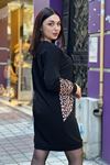 Leopar Şerit Desenli Salaş Sweat Elbise-Siyah