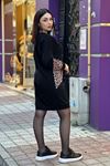 Leopar Şerit Desenli Salaş Sweat Elbise-Siyah