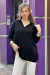 Polo Yaka Yırtaclı Pamuklu Bluz-Siyah