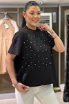 Oversize Taş Detaylı Tshirt-Siyah