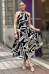 Halter Yaka Geometrik Desenli Midi Boy Elbise-Krem