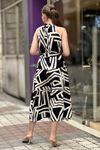 Halter Yaka Geometrik Desenli Midi Boy Elbise-Krem
