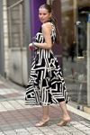 Halter Yaka Geometrik Desenli Midi Boy Elbise-Krem
