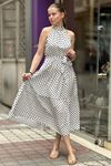 Halter Yaka Puantiye Desenli Midi Boy Elbise-Beyaz
