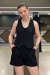 Yelekli Şortlu Kumaş İkili Takım-Siyah