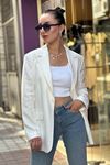 Astarı Çizgili Kol Düğmeli Vatkalı Blazer Keten Ceket-Beyaz