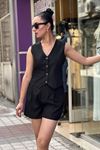 Ön Düğmeli Keten Şortlu İkili Takım-Siyah