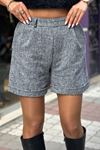 Paçası Katlamalı Yüksek Bel Kaşe Şort-Gri