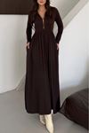 Balıkcı Yaka Yarım Fermuarlı Midi Boy Elbise-Kahve